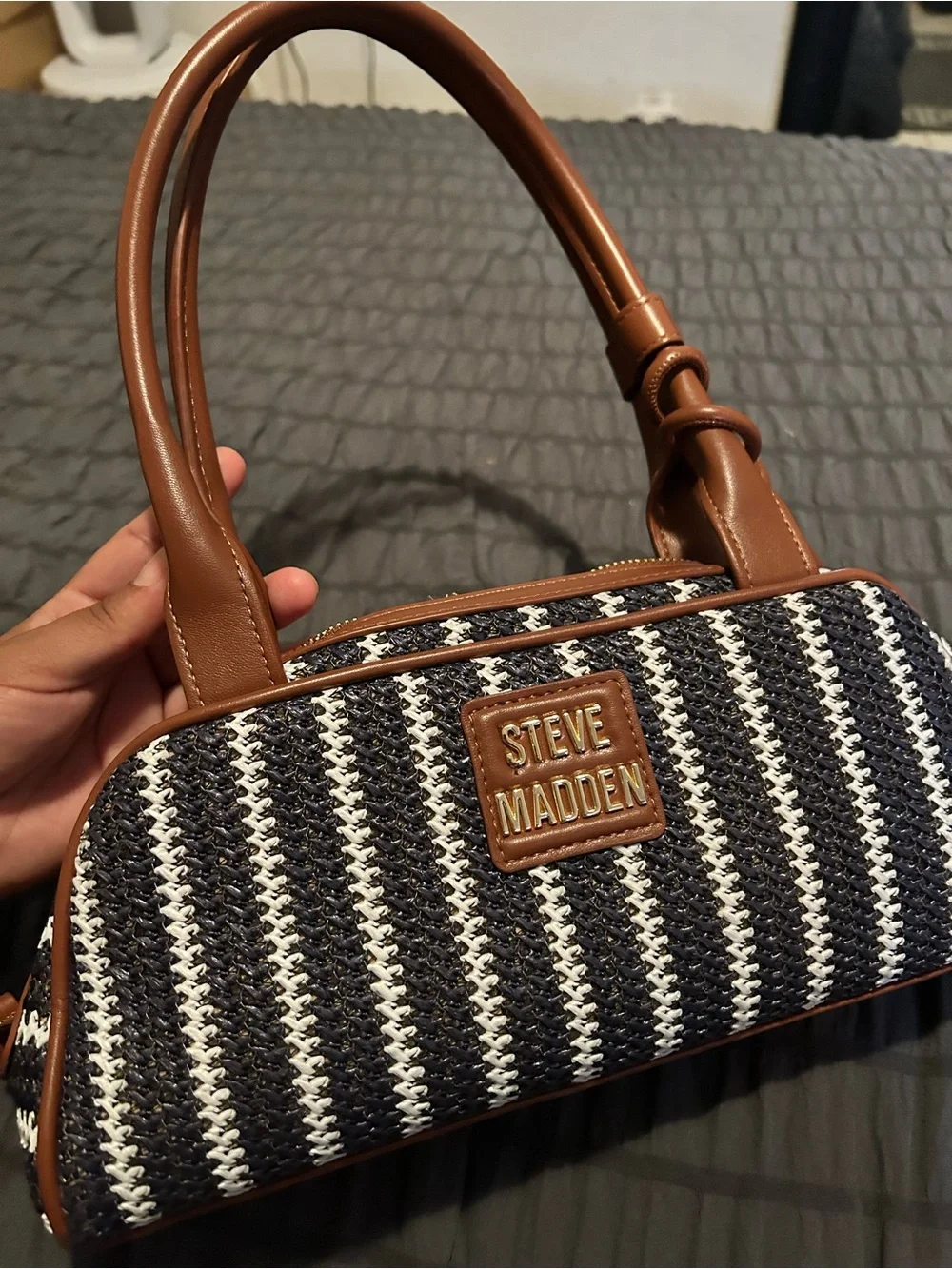 Steve Madden Black & White Striped Shoulder Bag with Brown Trim